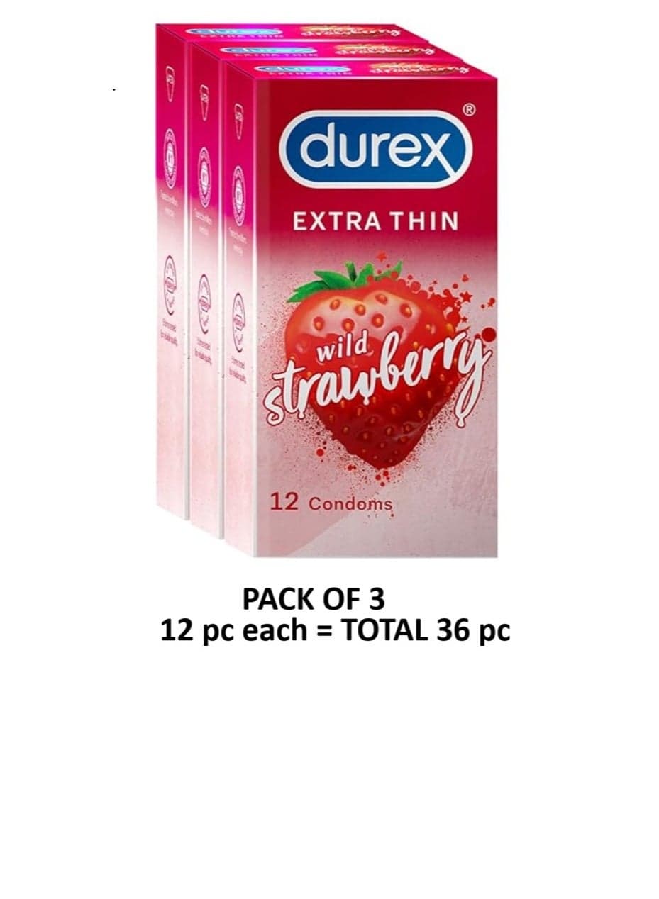 Extra Thin Strawberry Flavored Condoms, Pack of 3 x 12 pc Each, 36 pieces