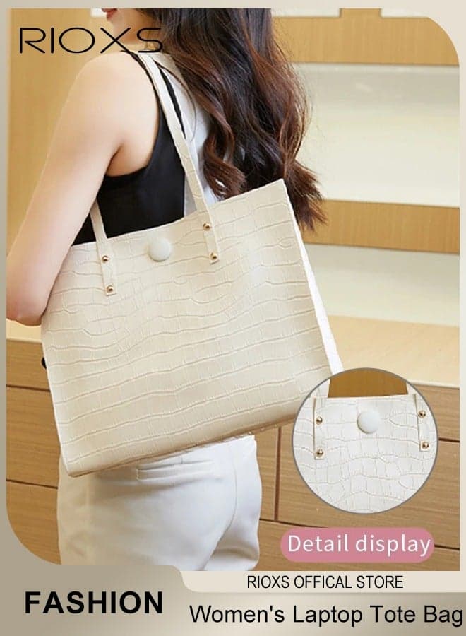 Women's Laptop Tote Bag, 13 Inch Large Crocodile Leather Work Tote Bag, Computer Sling Shoulder Bag for Ladies, Laptop Carrying Case Waterproof Handbag, Stylish Shoulder Bags for Office Business Travel, White