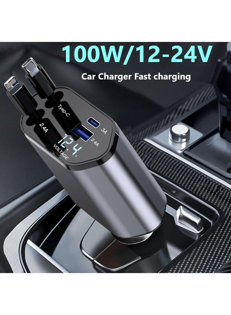 Retractable Car Charger, 4 in 1 Fast Charging Car Charger USB-C & USB-A, Retractable Cables Compatible with iPhone 16/15/14/13/12/11,Galaxy,Pixel