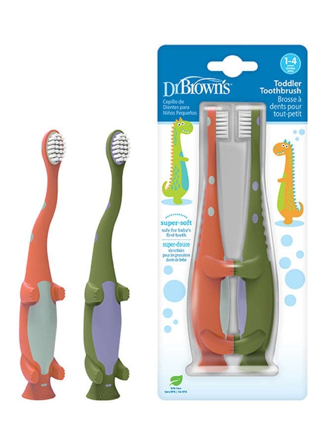 Pack Of 2 Toddler Toothbrush, Dinosaur, Green/Orange