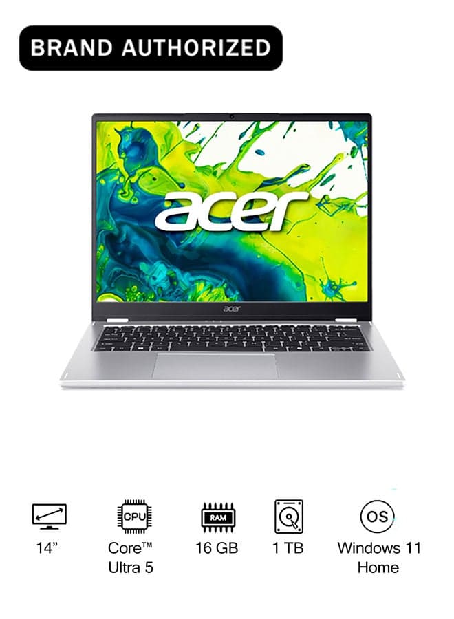 Aspire Spin 14 Laptop With 14-Inch IPS Touch Display, Core Ultra 5-115U Processor/16GB RAM/1TB SSD/Windows 11 Home silver