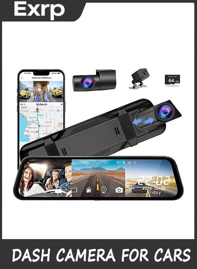 3 Channel Mirror Dash Camera for Cars, 10" Triple Rear View Mirror with Front 2K, Inside and Rear 1080P with WiFi, Reverse Assist, Parking Monitoring