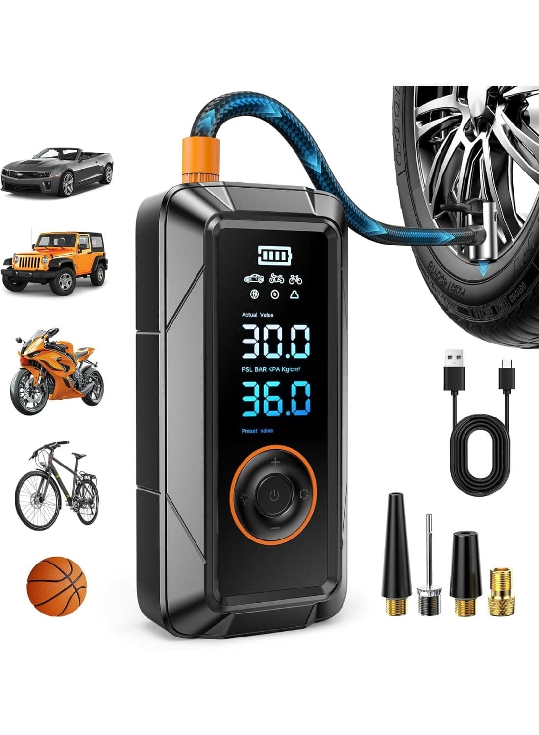 Portable Air Pump,Tire Inflator,Portable Air Compressor 160PSI 5X Faster Portable Cordless Inflator Air Bike Pump with Pressure Gauge Auto Shutoff Function Air Compressor Tires Pump for Cars Motorcycles Bikes Balls