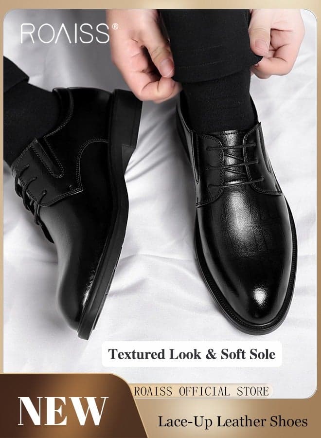 Formal Business Leather Shoes for Men 6cm Height Increase Shoes High Fashion Textures Soft Sole Comfort Wedding Groom Shoes Mens Round Toe Low Top Lace up Front Anti Slip Wear Resistant Work Shoes Black