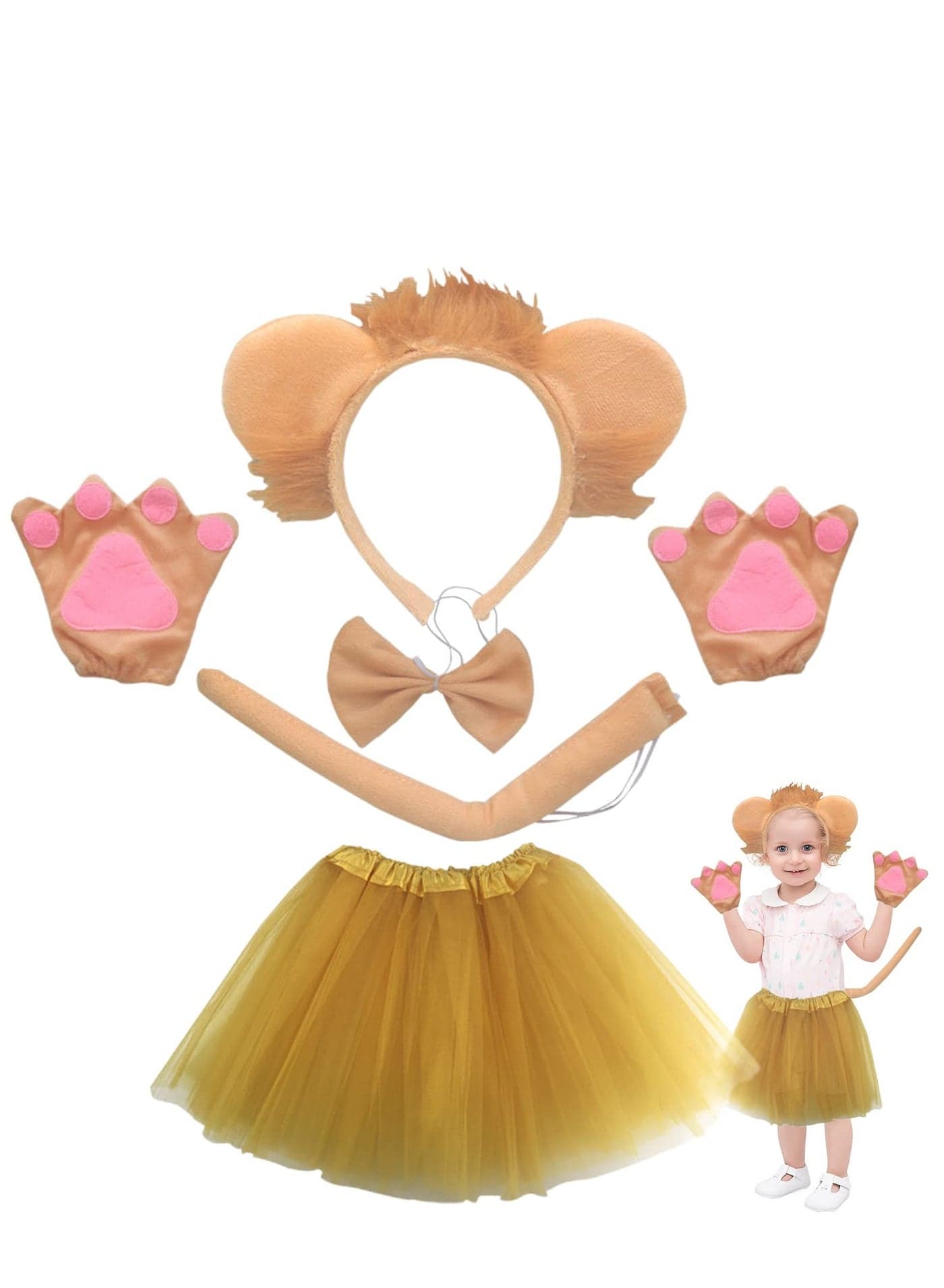 5 Pieces Lion Costume Set, Lion Eadband Tail Bow Tie Gloves Tutu Skirt Set, Animal Costume Set, Animal Fancy Costume, for Kids Cosplay Accessories Christmas Party Stage Performance