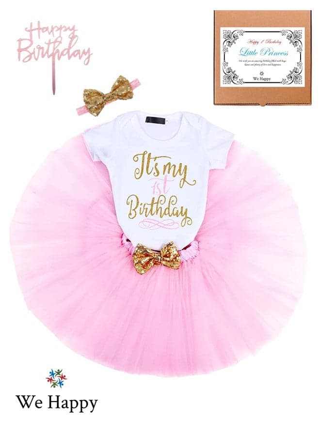 4 Pieces Its My 1st Birthday Costume Princess Theme Dressing up Toy Baby Girl Party Fancy Wear with Tutu Skirt, Cake Topper and Floral Headband
