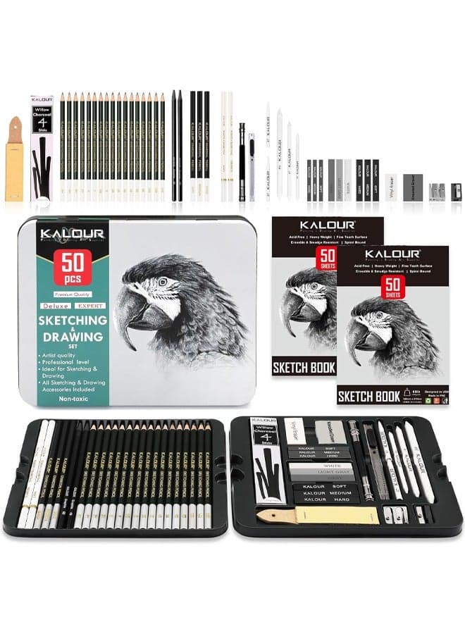 KALOUR 52-Pack Sketch Drawing Pencils Kit with Two Sketchbook,Tin Box,Include Graphite,Charcoal and Artists Tools for Adults Beginner Kids