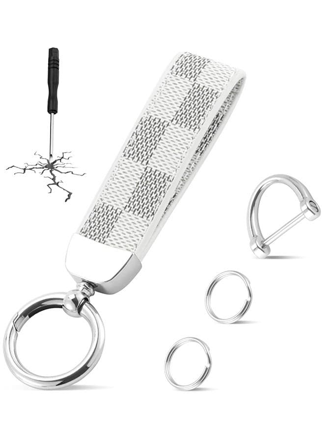 Car PU Leather Metal Keychain - Creative Car Key Chain with Anti-Lost D-Ring and 2 Key Ring - Plaid Leather Zinc Alloy Ring 360° Rotating - Car Universal Wrist Band - Key School Bag Car Decoration Pendant - Send a Screwdriver - White/Silver