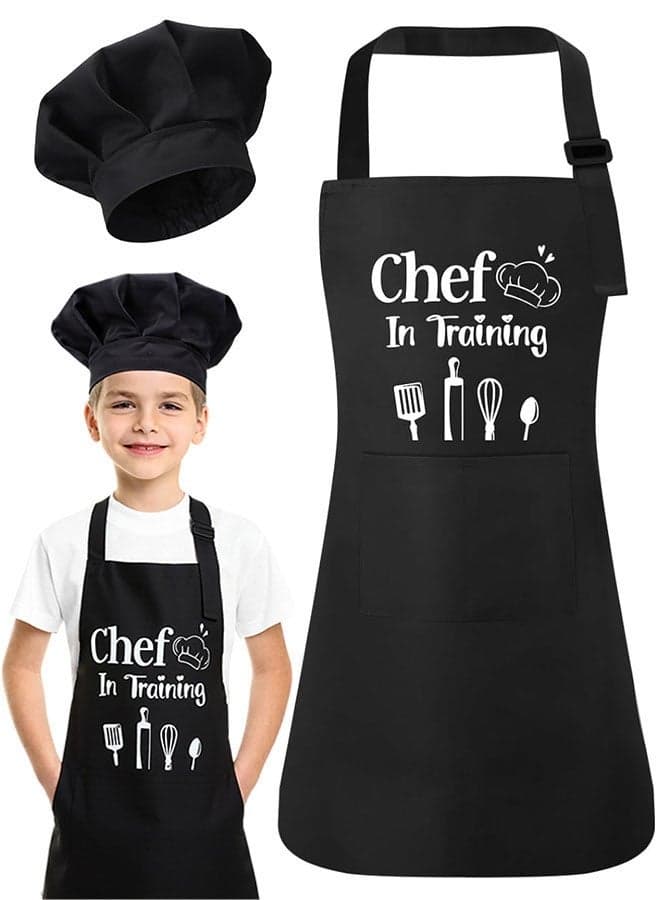 Kids Apron and Chef Hat Set, Adjustable Kitchen Cooking Apron with Pockets, Children's Chef Aprons for Boys and Girls Cooking Baking Painting Gardening Cleaning