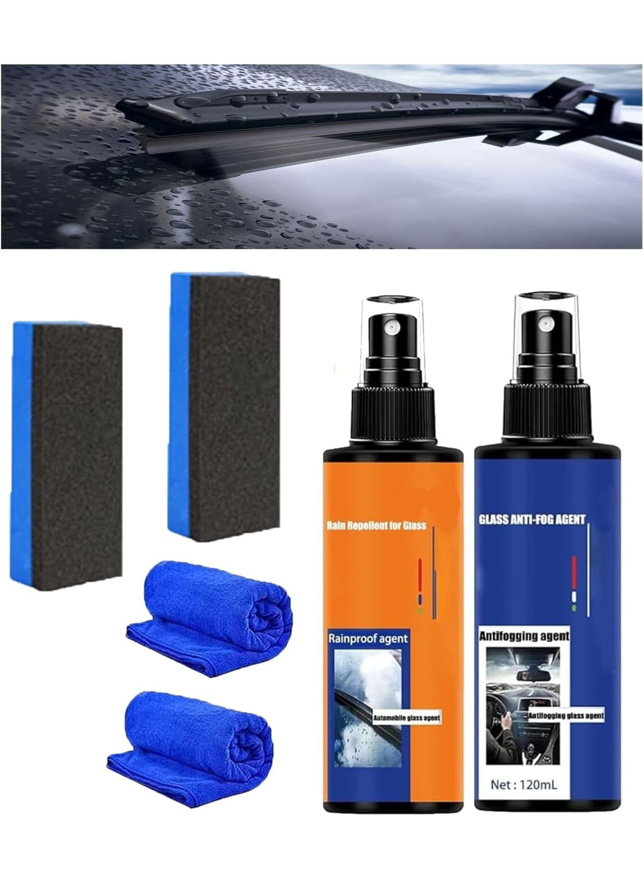 Car Glass Cleaner, 2 Pcs Car Windshield Water Repellent Spray with 2 Towel and 2 Sponge, Glass Coating for Windshield, Car Glass Oil Film Removal Agent, Hydrophobic Coating, Anti Fog Anti Rain Agent