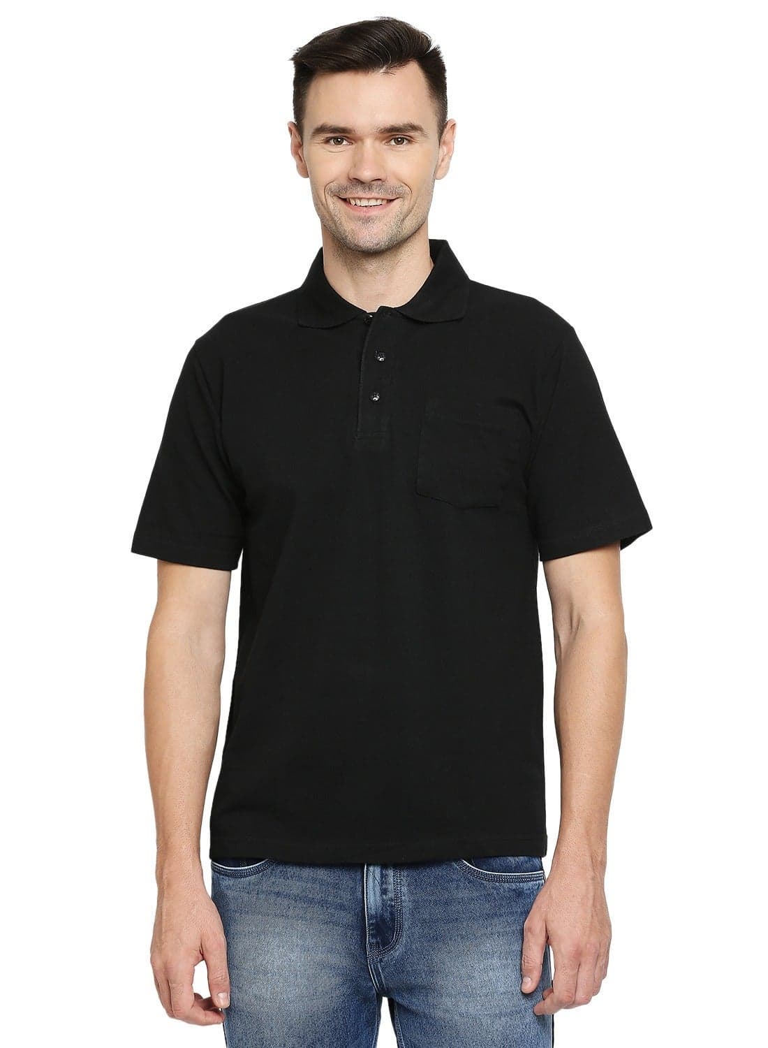 MEN'S COTTON POLO T-SHIRT WITH POCKET - BLACK