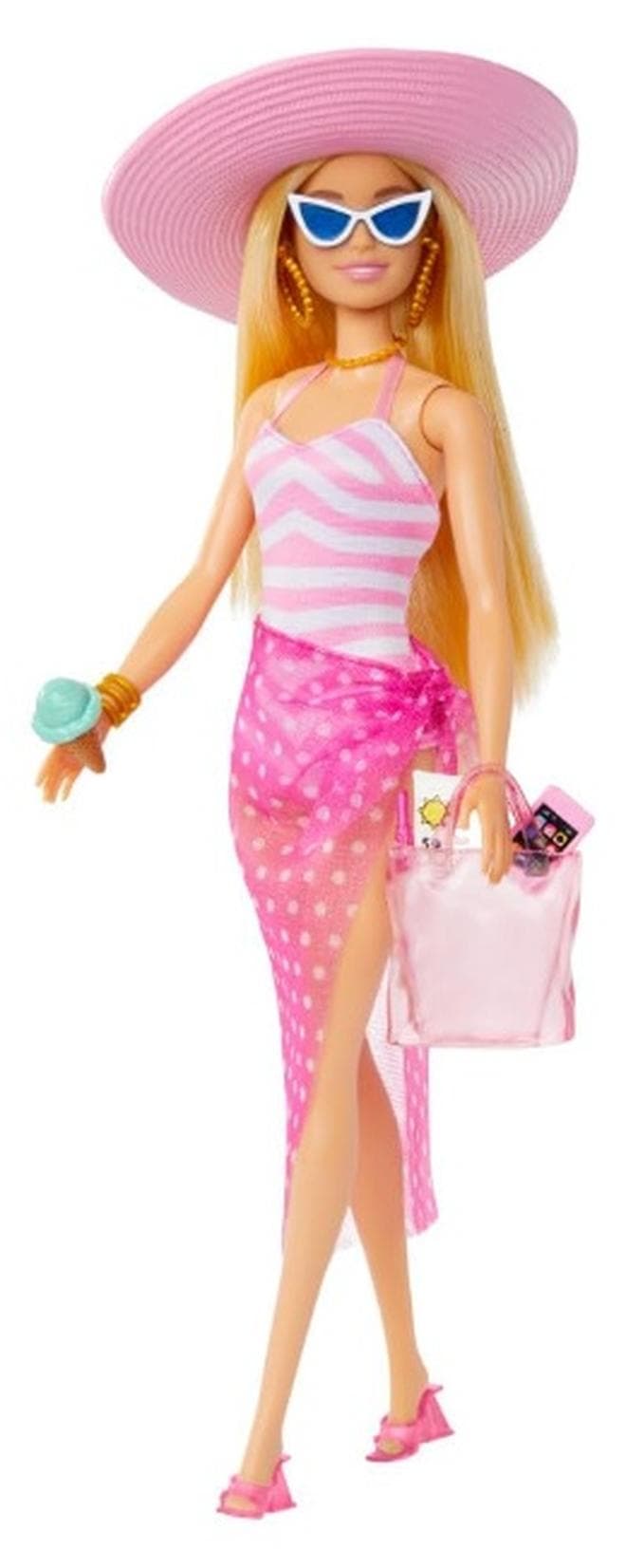 Doll with Pink and White Swimsuit, Sun Hat, Tote Bag and Beach-Themed Accessories