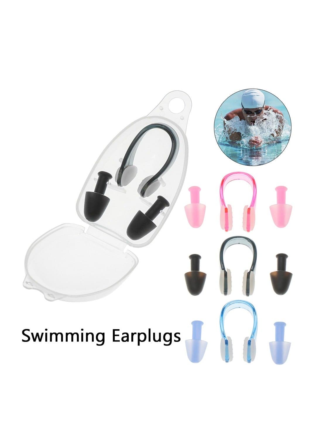 Waterproof Swimming Earplugs and Nose Clip Set (Pack of 3): Black, Pink, Blue - Protect Your Ears and Nose from Water