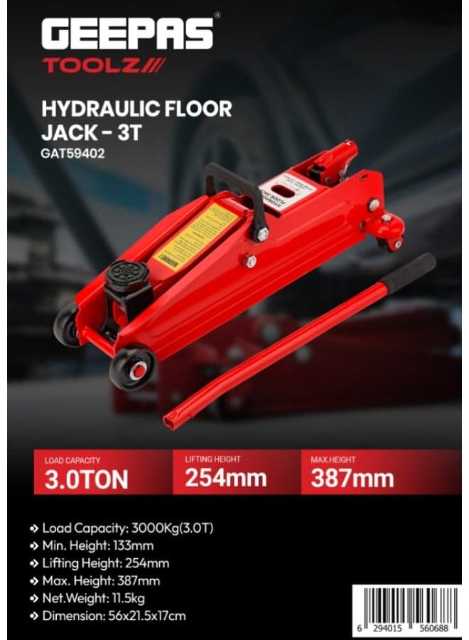 Geepas Hydraulic Floor Jack- GAT59402/ 3 ton or 3000 kg Capacity, 133 to 387 mm Lifting Range/ with Wheels, Perfect for Car, Pickup Truck, Truck, RV, Auto Repair, Industrial Engineering/ Red