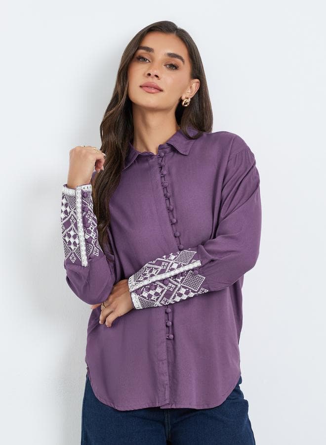 Women Purple Embroidered Cuff Long Sleeve Shirt