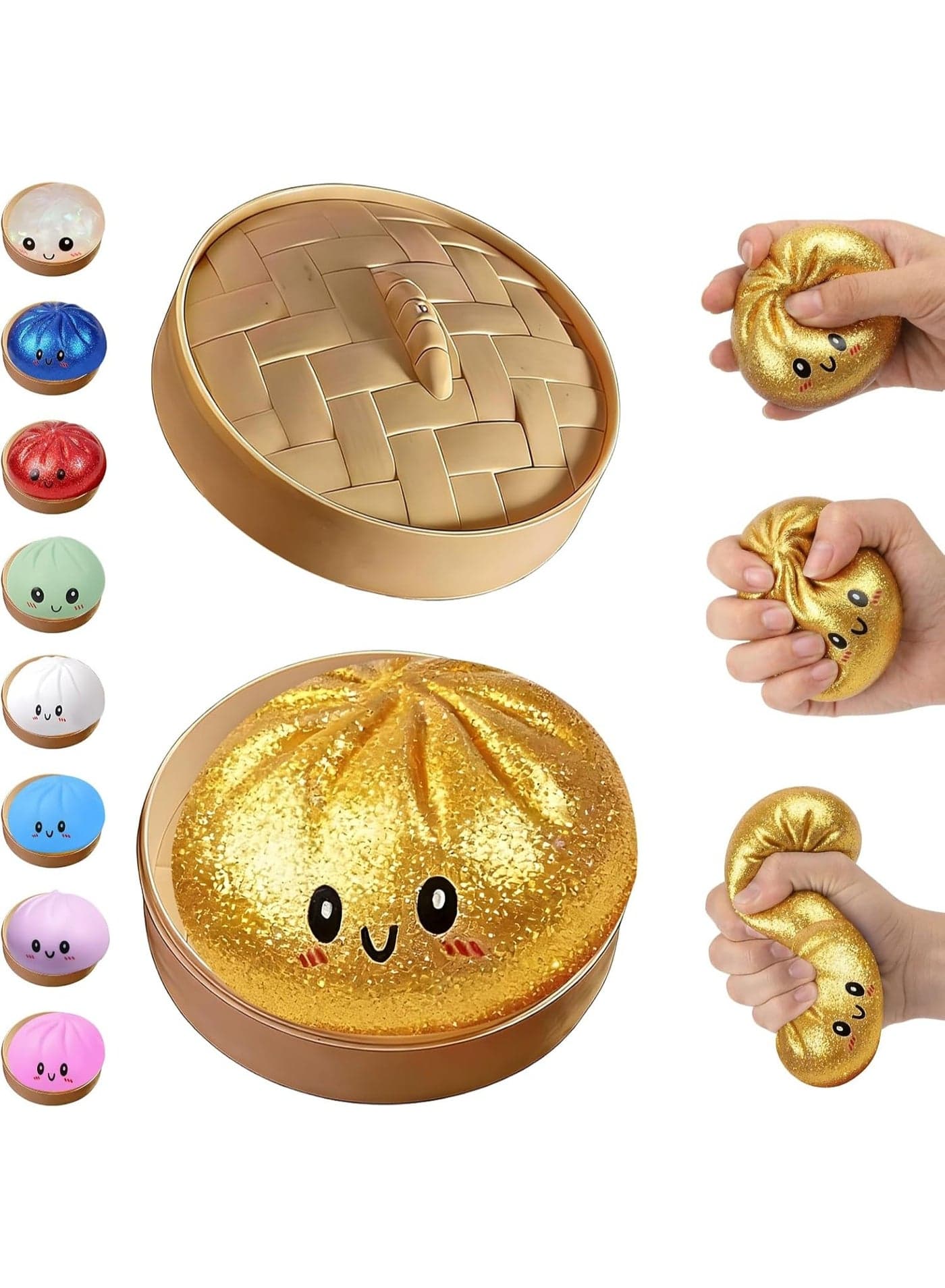 Glitter Dumpling Squishy,Dumpling Squishies,Glitter Dumpling Mystery Box,Colorful Dumpling Stress Balls Fidget,Jumbo Squishy Toy with Steamer Box,Soft Squeeze Decompression Dough (Glitter Gold)
