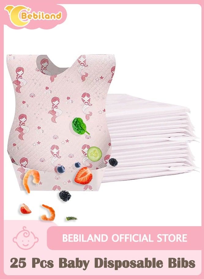 25 Pcs Baby Disposable Bibs Travel Feeding Bib- Leakproof Liner, Food Catcher Pocket for 6-18 Months Babies Toddlers, Pink