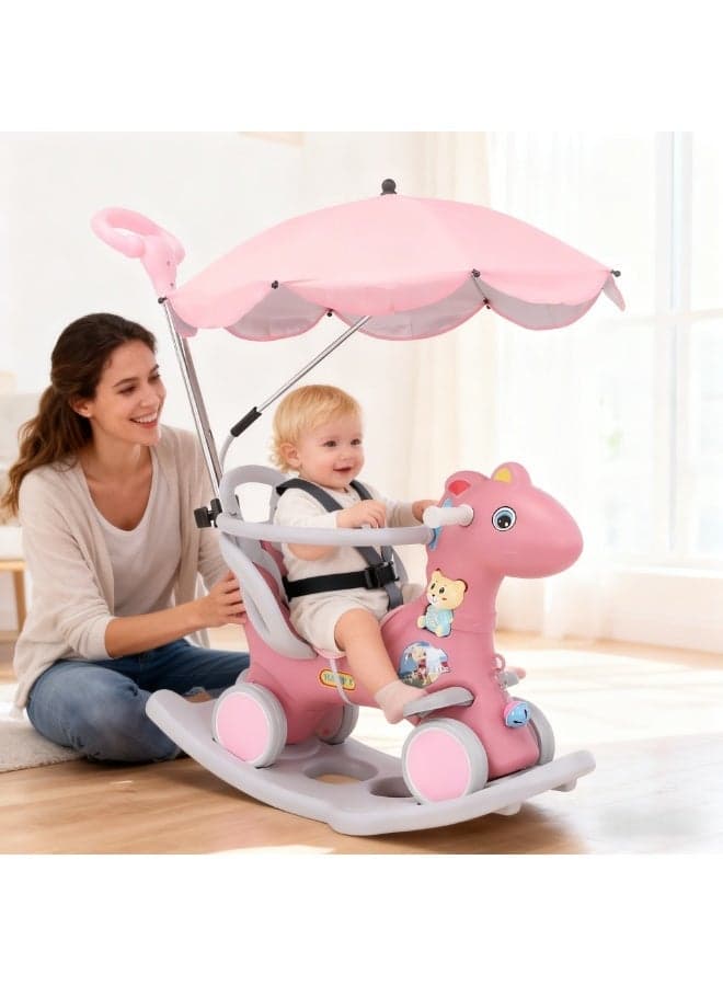 Miss Tiara 3-in-1 Baby Rocking Horse & Balance Bike | Convertible Ride-On Toy for Toddlers 1-6 Years | with 4 Silent Wheels, Sunshade Canopy | BPA-Free (Pink/Grey)