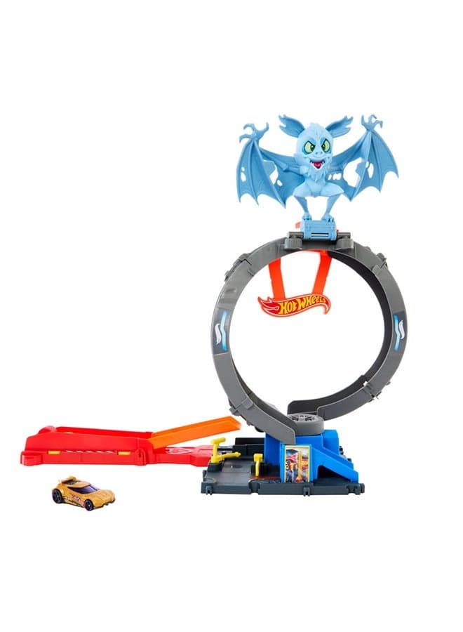 Hot Wheels City Toy Car Track Set, Bat Loop Attack With Adjustable Loop & Launcher, 1:64 Scale Toy Car