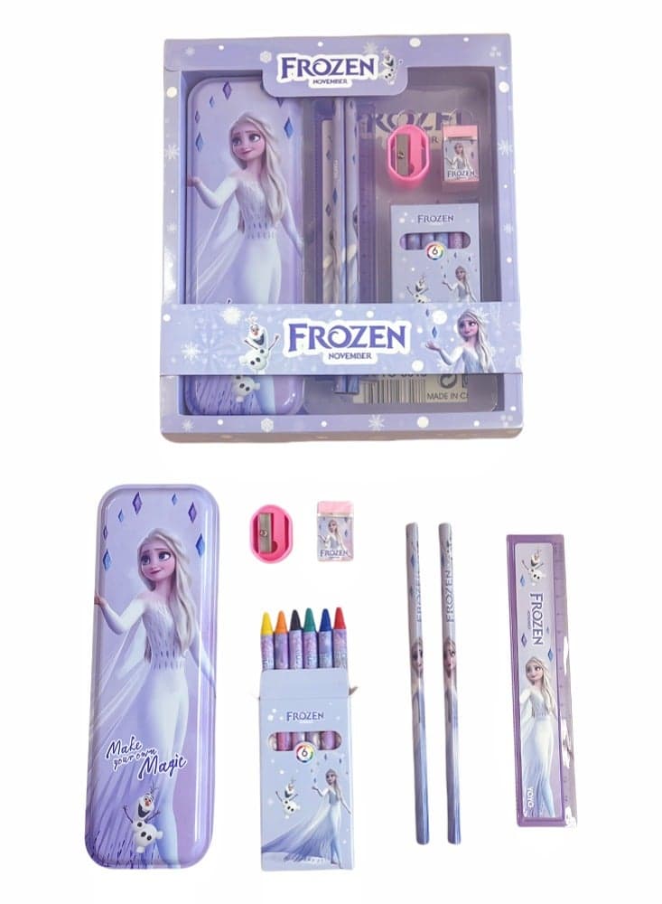 Frozen-Themed School Stationery Set for Kids - Gift-Ready Learning Box with Complete Back to School Supplies: Pencil Box, Erasers, Sharpener, Ruler & Crayons