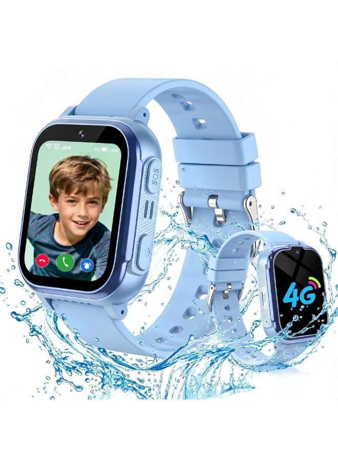 4G Kids Waterproof Smart Watch,SIM Card Inserting Smart Watch for Kids GPS Tracker Phone Boys Girls with Video Call,SOS Call/Phone Call/Voice Chat, Sleep Monitor, Pedometer, Class Mode, Camera, Games, Birthday/Festival Gifts for 3-12 Year Olds(Blue)