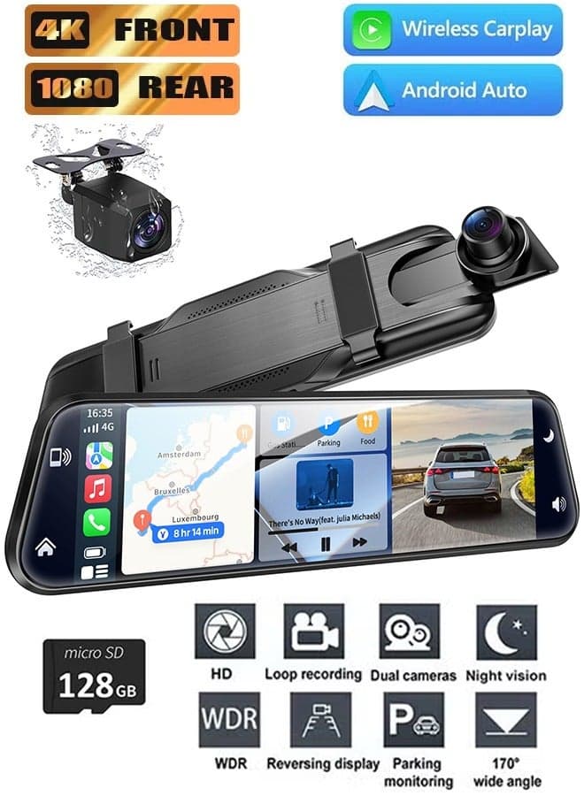 Smart Mirror Dash Cam with Carplay&Android Auto,10" 2.5K Rear View Mirror Camera with Voice Control for Cars&Trucks, Touch Screen/WDR/Parking Monitor/Reverse Assist/128GB Card Included