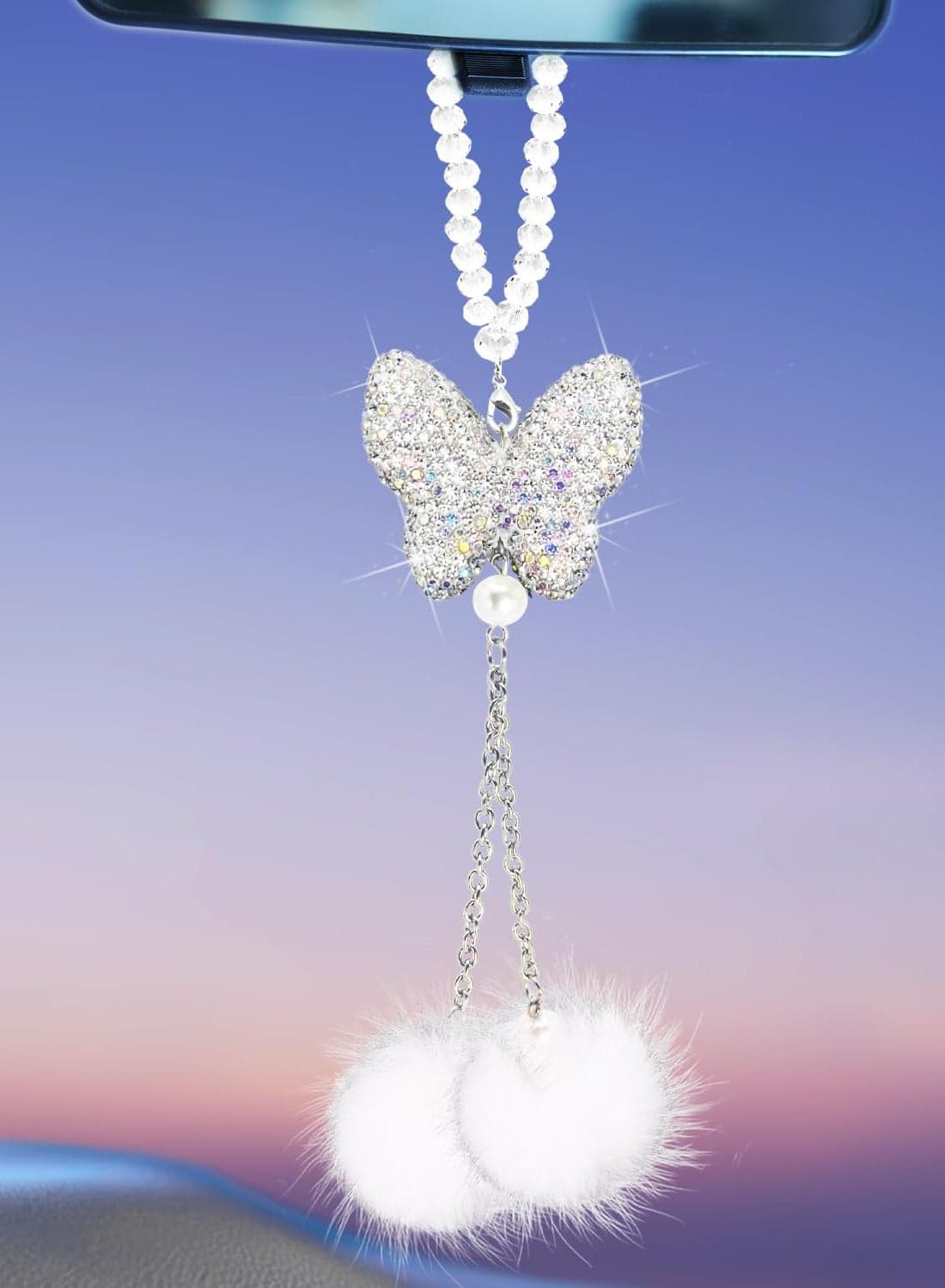 Crystal butterfly stone rearview mirror pendant, plush ball car pendant, car diamond decorative accessories
