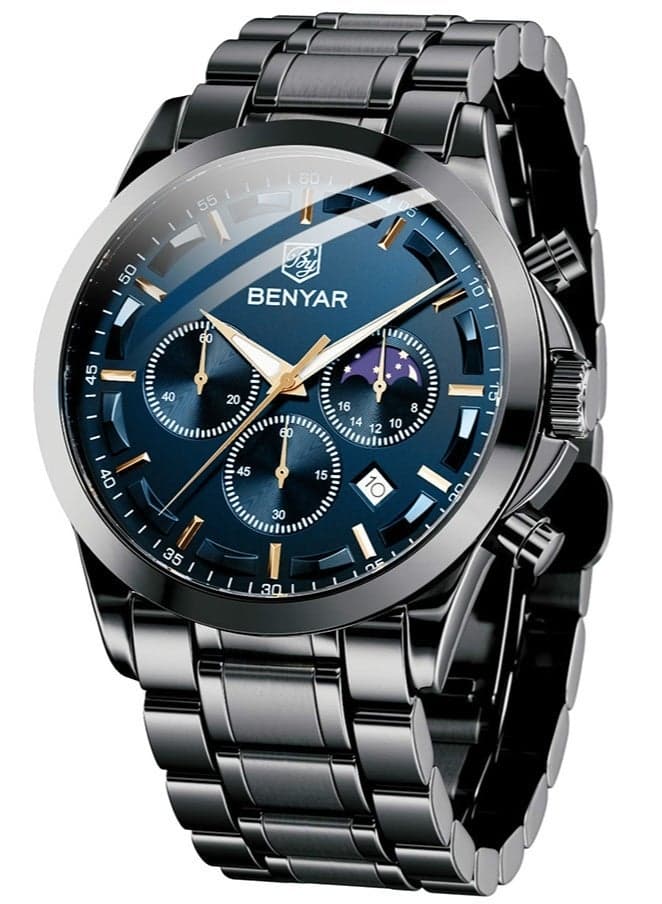 BY BENYAR Men's Chronograph Watch 30 m Waterproof Luminous Classic Fashion Watches Large Dial Date Analogue Quartz Watch Elegant Gift for Men