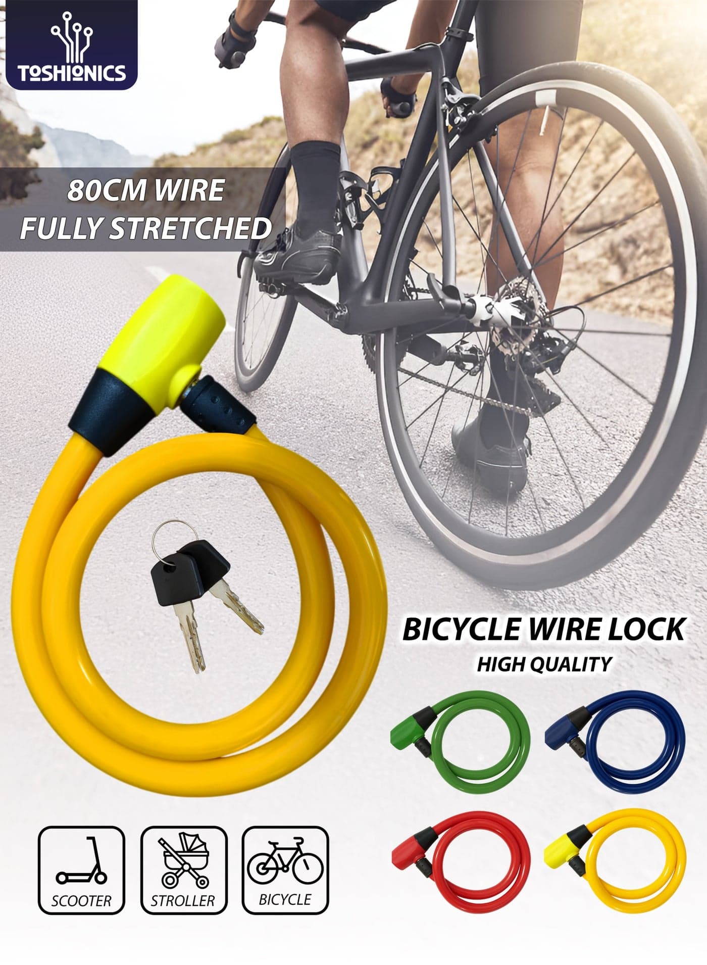 Heavy Duty 80cm Bicycle Lock Cable Anti-Theft Security Bike Lock for Scooter, Cycle, Baby Stroller, E-Bike, Motorcycle, Gate & Outdoor Use Alloy Lock Buckle with HDPE Coated Steel Wire (T114631)