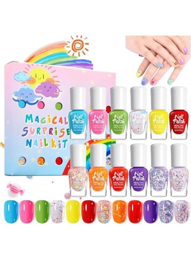 Kids Nail Polish, 12 Colors Non-Toxic Water Based Peel-Off Nail Polish Set with 3 Stickers, Non Toxic & Safe Nail Polish Set for Girls Ages 5+ for Parties, Birthday and Makeovers (12Colors)