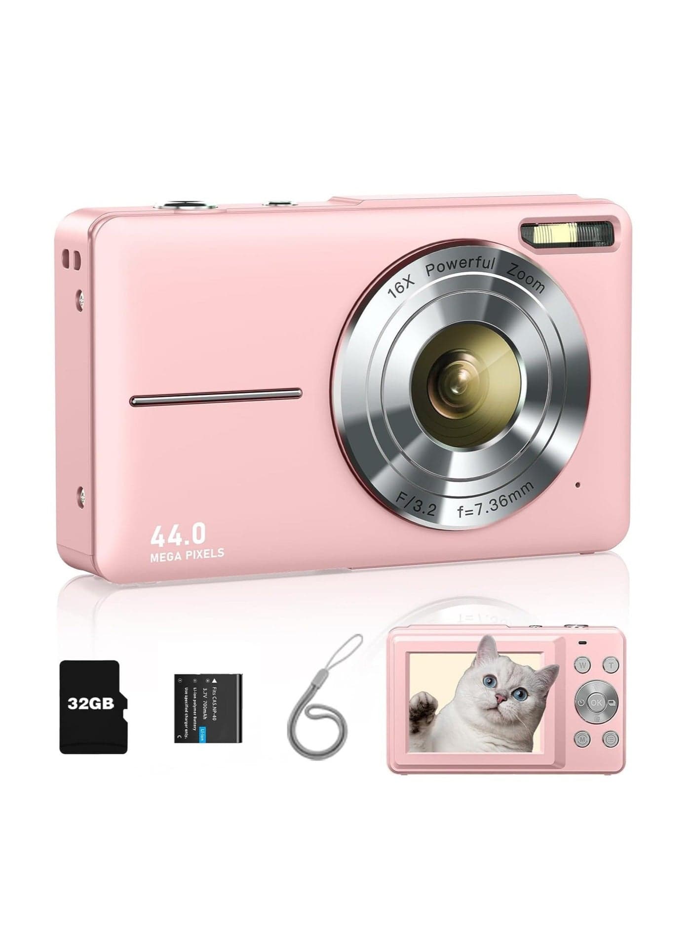 Digital Camera for Kids, FHD 1080P 44MP Point and Shoot Camera with 32GB SD Card, 16X Zoom, Compact Digital Camera with Lanyard, Gift for Boys and Girls – Pink
