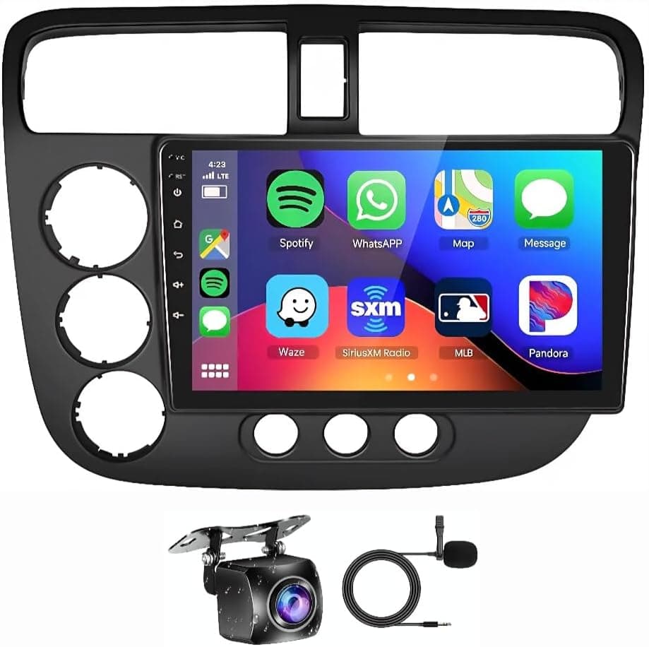 Android Car Stereo for Honda Civic 2001–2005, 9-Inch Touch Screen, Wireless Apple CarPlay & Android Auto, GPS Navigation, Bluetooth, WiFi, AHD Camera, Fast Interface (2+32GB, 4-Core)