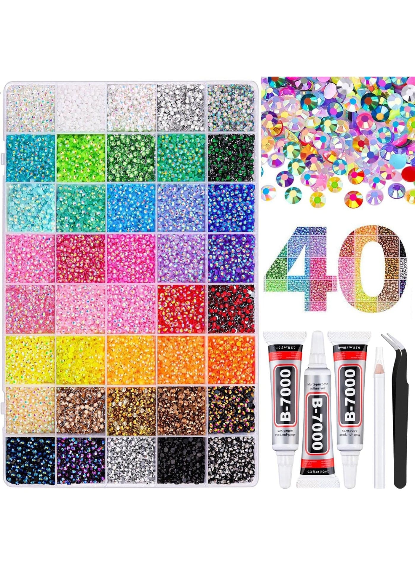 40 Colors 32000Pcs Resin Jelly Rhinestones for Bedazzling, Multicolor 3mm Flatback Gems for Diamond Art, Bedazzler Kit with 3Pcs 10ml B7000 Jewelry Glue for Nail Art Crafting Book Makeup