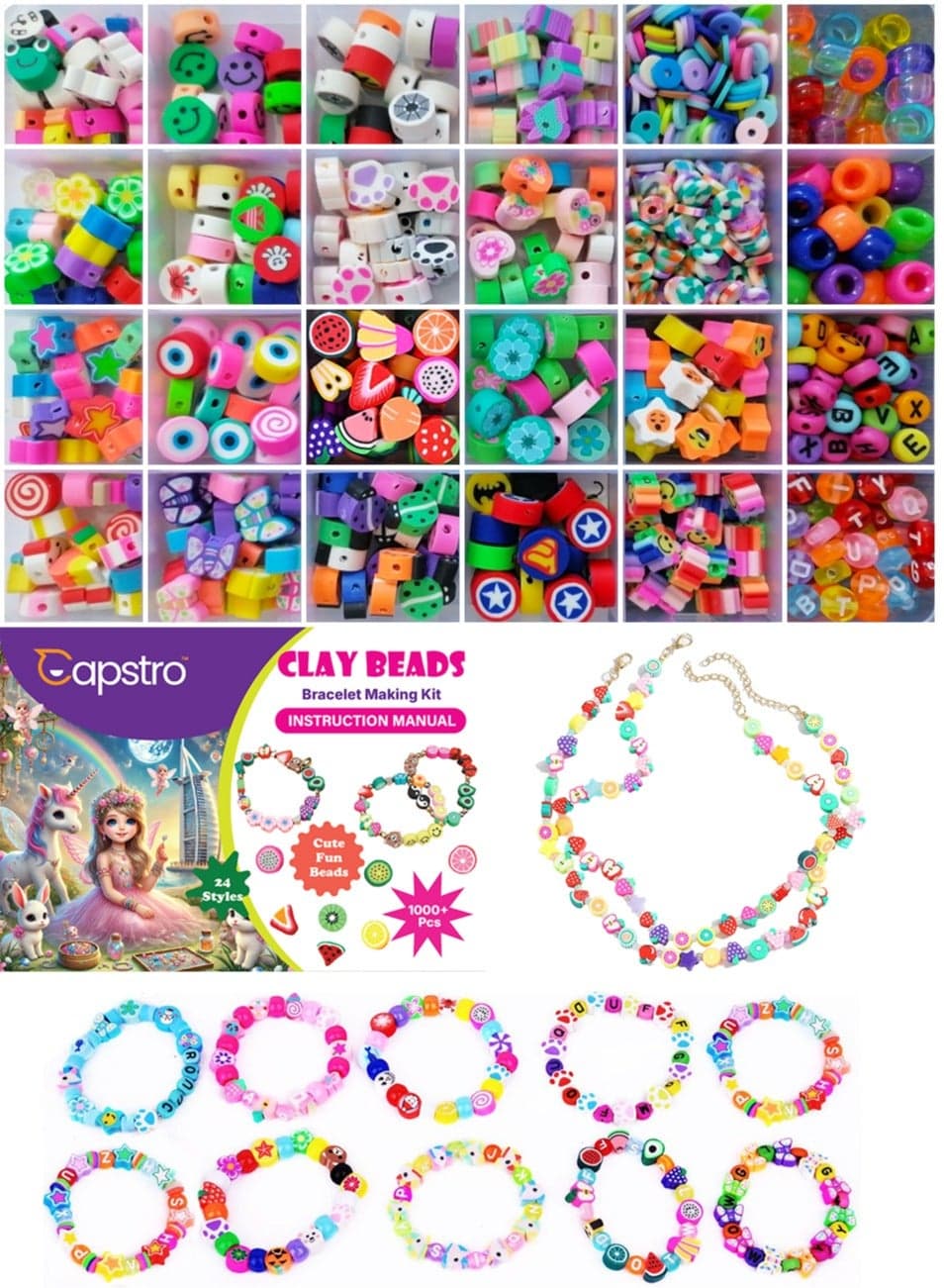 1000 Pcs Polymer Clay Beads Bracelet Making Kit – 24 Styles of Cute Fun Beads, Charms for DIY Jewelry, Bracelets, Necklaces, Earrings – Ideal Craft Set for Women and Girls with Storage Box (No String)