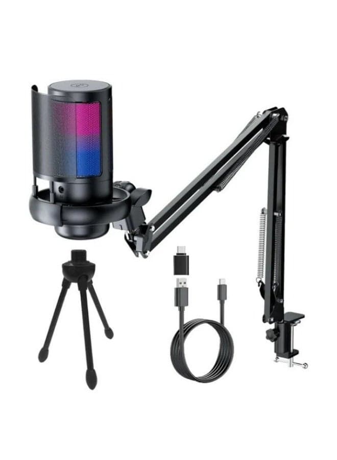 RGB Streaming Microphone with Adjustable Boom Arm Stand and Shock Mount | USB Plug & Play Condenser Mic for PC, Laptop, Gaming, Podcast, Live Streaming & Recording | Touch Mute Button, Volume Gain Control, Real-Time Studio Sound Quality | Includes Tripod & Cable