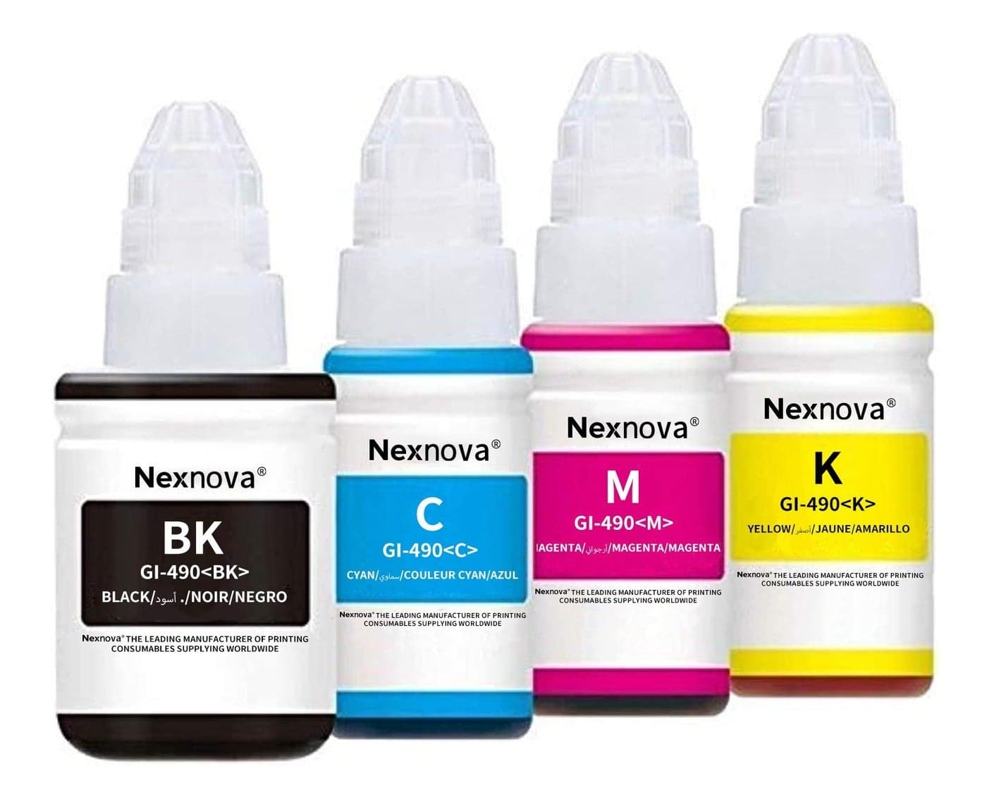 NexNova® ink gi 490 for Canon Set (4-Pack Black Cyan Magenta Yellow) Ink for GI 490 for PIXMA G3400 G2400 G1400 G4400 G1411 G2411 G3411 G4411 G4410 G3410