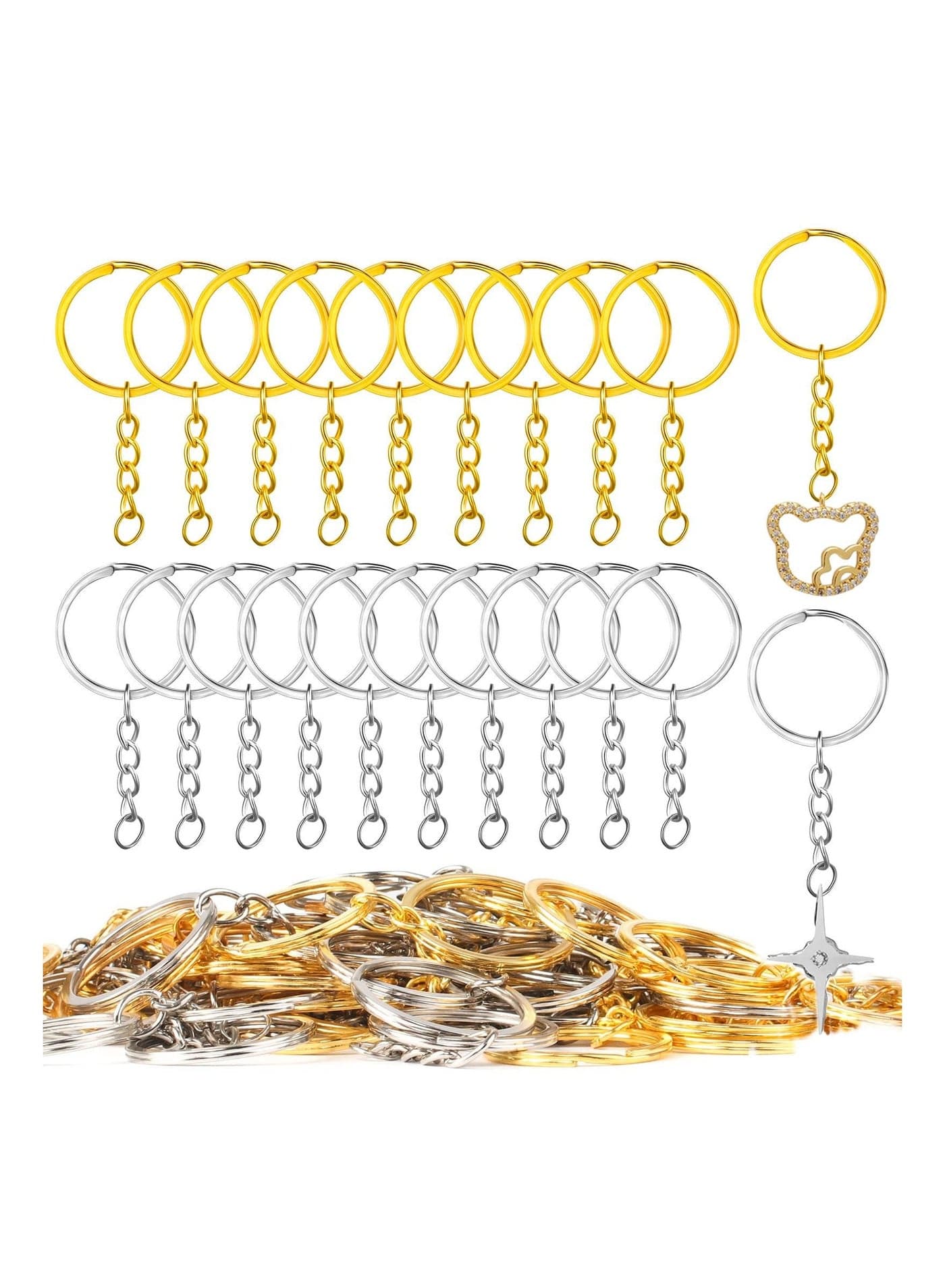 100 PCS Keyring Rings Split Key Ring with Chain and Jump Metal Open Round Kit for Keychain Art Crafts Golden and Silver