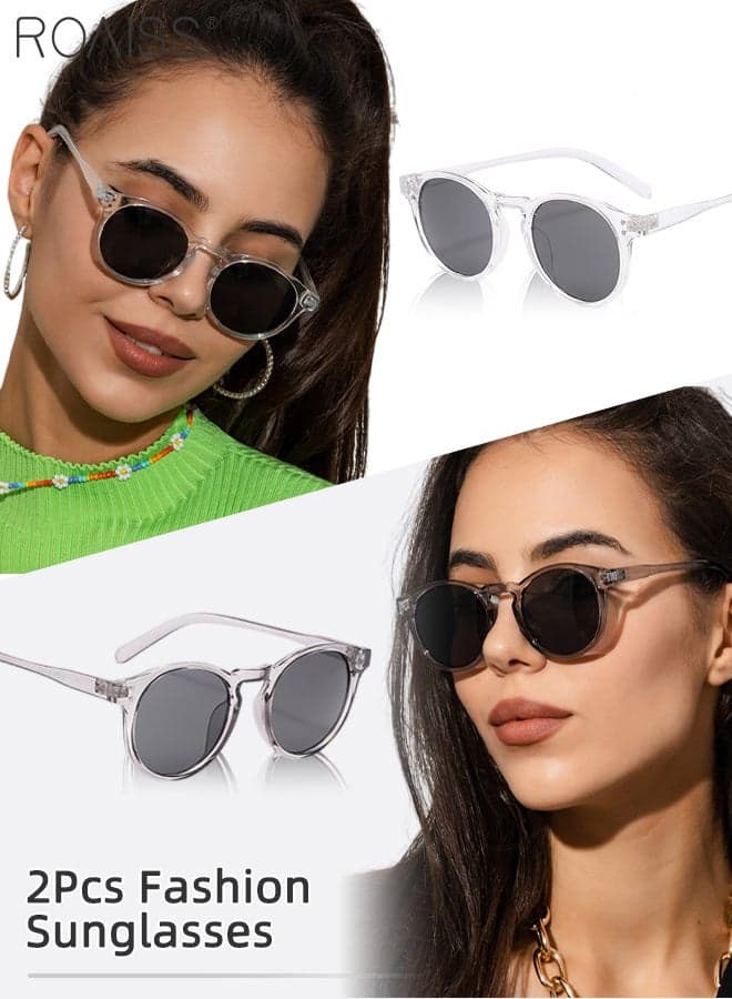 2Pcs Round Sunglasses for Men Women, UV400 Protection Sun Glasses, Fashion Decorative Eyewear for Outdoor Party Street Photography, Grey and Clear