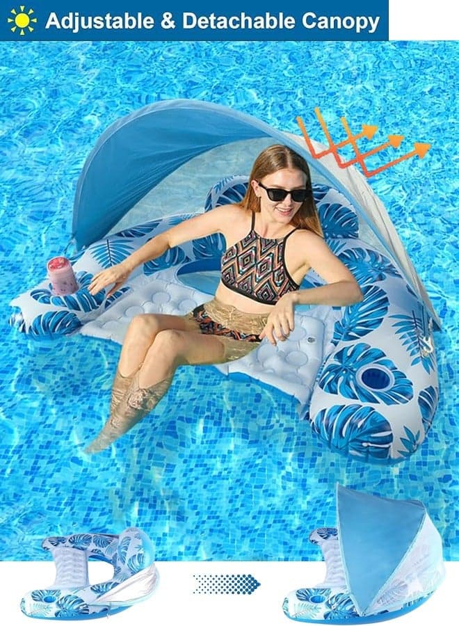 Inflatable Pool Float with Canopy Raft Floaties Water Floating Chair Pool Chair Lounge Float with Adjustable Sun Shade Cover 2 Cup Holder Ergonomic Headrest Inflatable Pool Float for Adults (Blue)