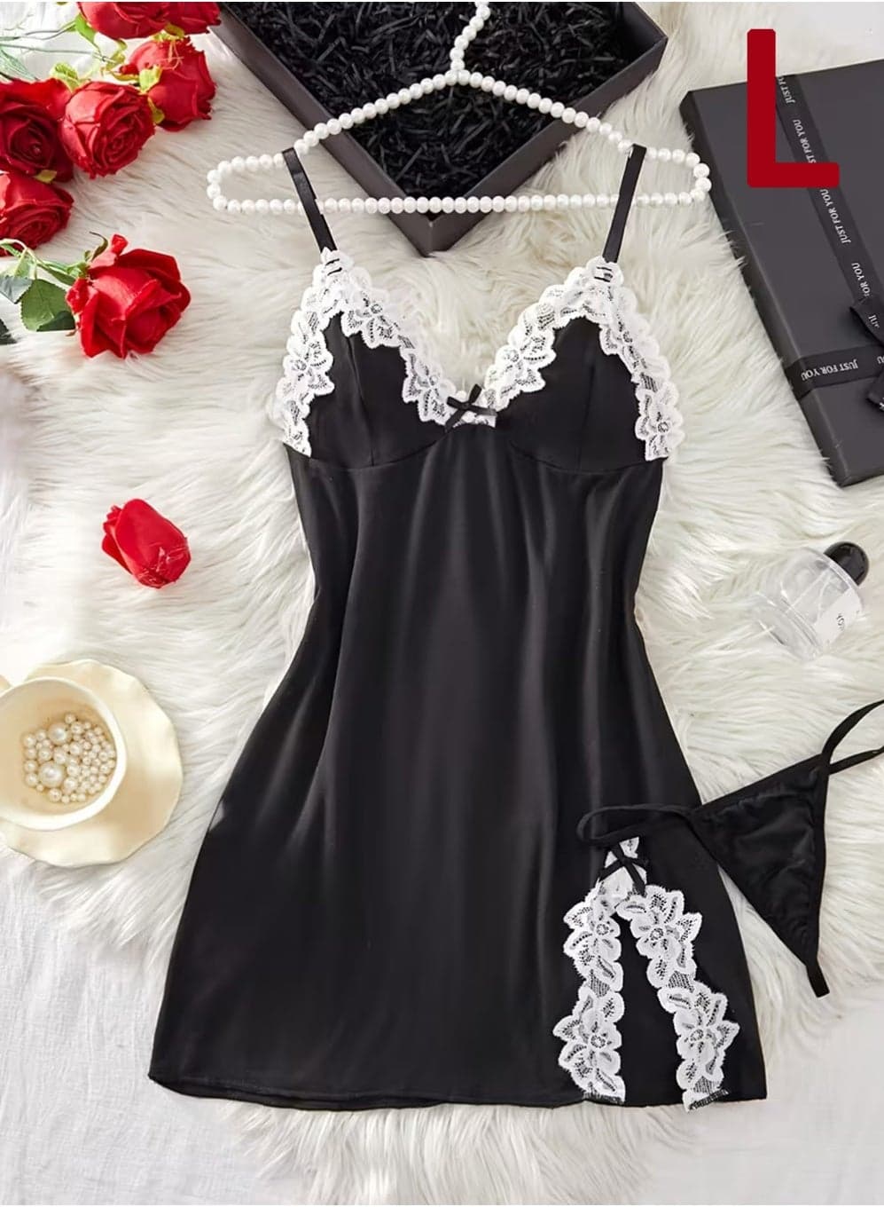 Women's Dress with Strap-on Lingerie, Transparent Home Comfortable Pyjamas, Deep V-Neck Short Skirt(L)