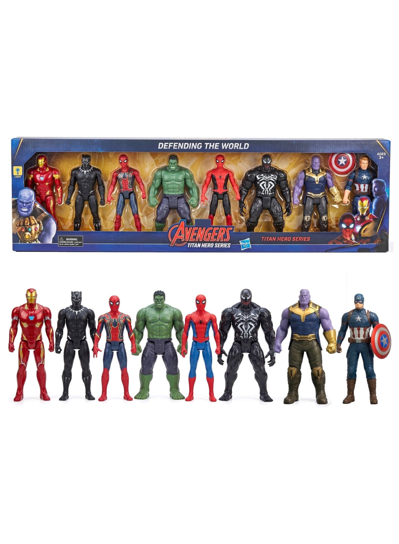 8-Piece Superhero Action Hero Set – 17cm Titan Hero Series Articulated Figures includes Iron Man, Hulk, Spider-Man, Captain America, Venom, Thanos & Black Panther – Light-Up Interactive Hero Toys | Best Birthday, Eid & Christmas Gift for Boys & Kids