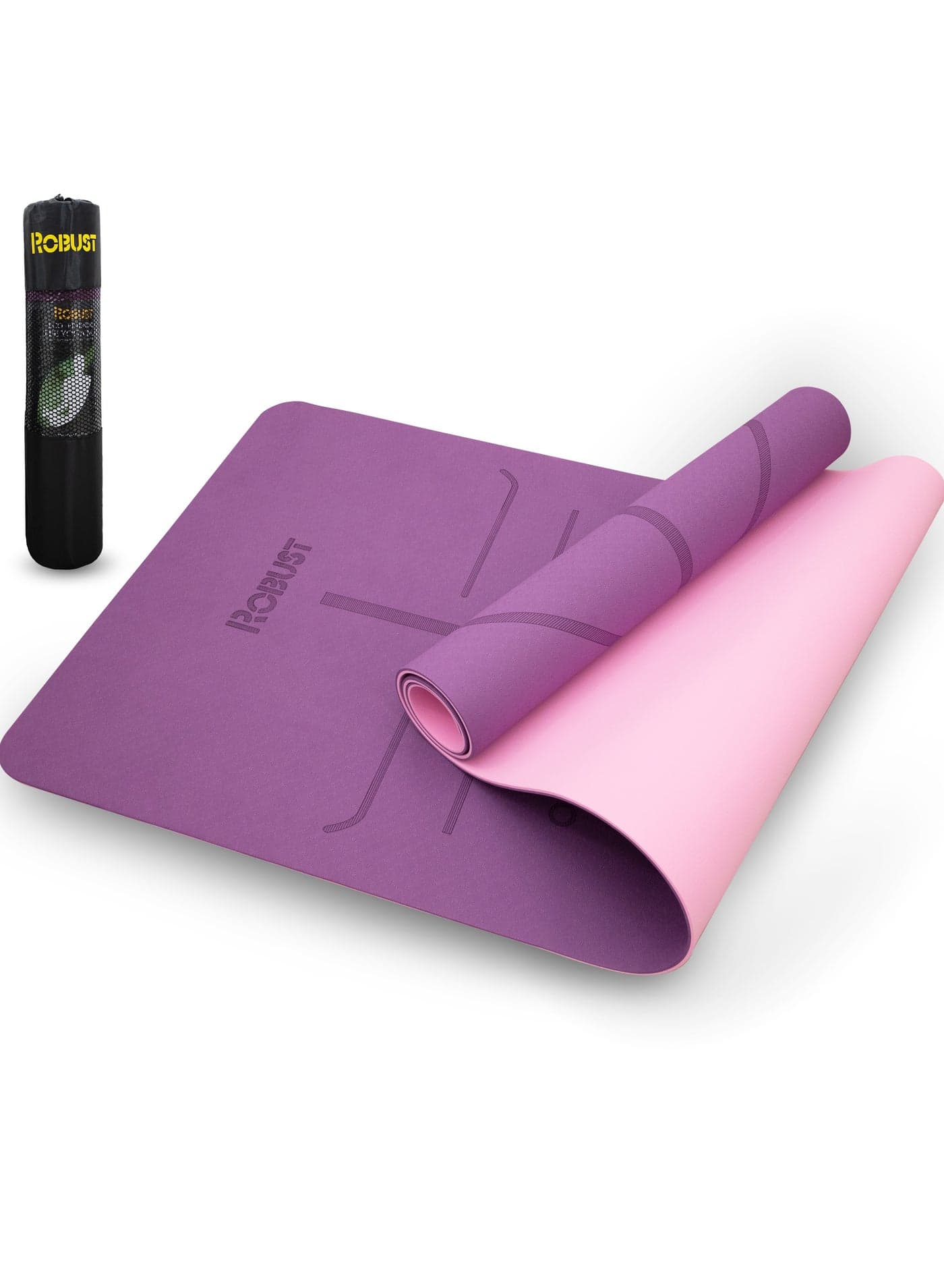 Tpe Yoga Mat Double Layer Anti-Slip Eco Friendly Texture Surface (Size 183Cmx 61Cm) Sgs Certified Position Liens & Hanging Band, Home/Gym Workout Sports Exercise Sports Mattress - Purple Pink