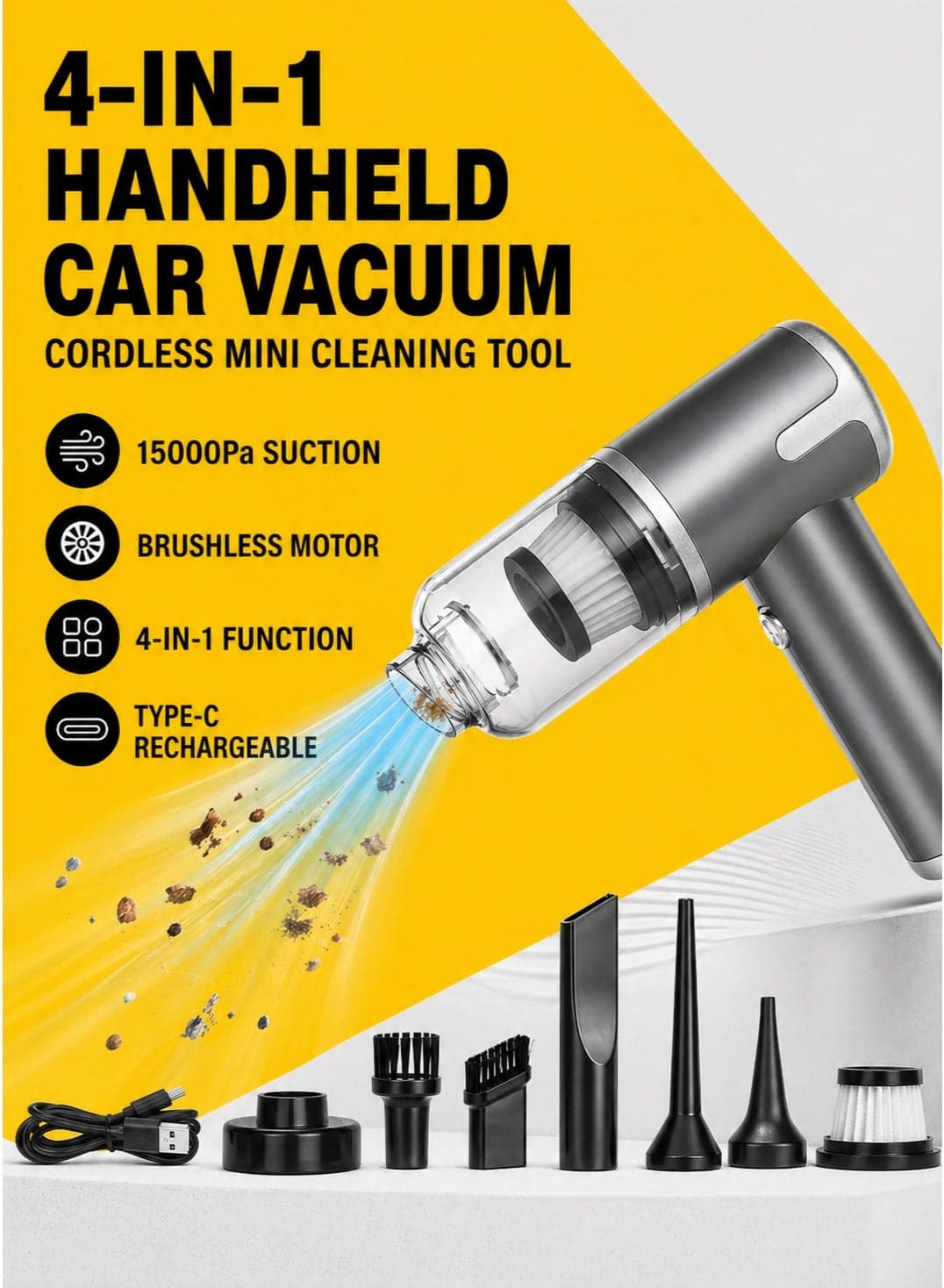 Handheld Car Vacuum Cleaner, 15000Pa Cordless Mini Vacuum & Air Duster 4-in-1, Type-C Rechargeable Brushless Motor for Car Home Office
