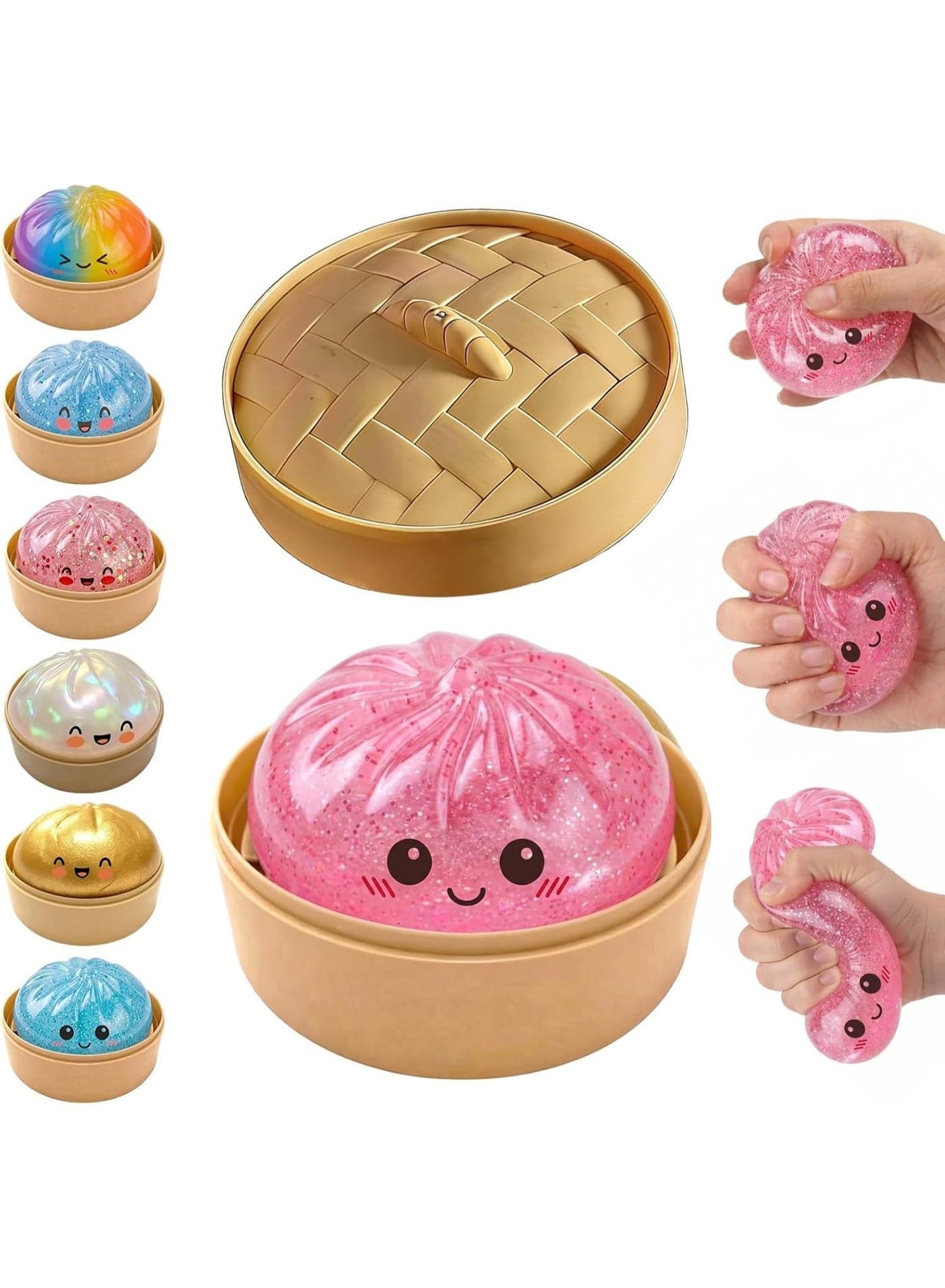 Dumpling Squishy Mystery Box Stress Relief Toy | Colorful Reusable Squeeze Balls with Steamer, Soft Rebound Fidget Toy for Kids Adults, Home Office Gift (PINK)
