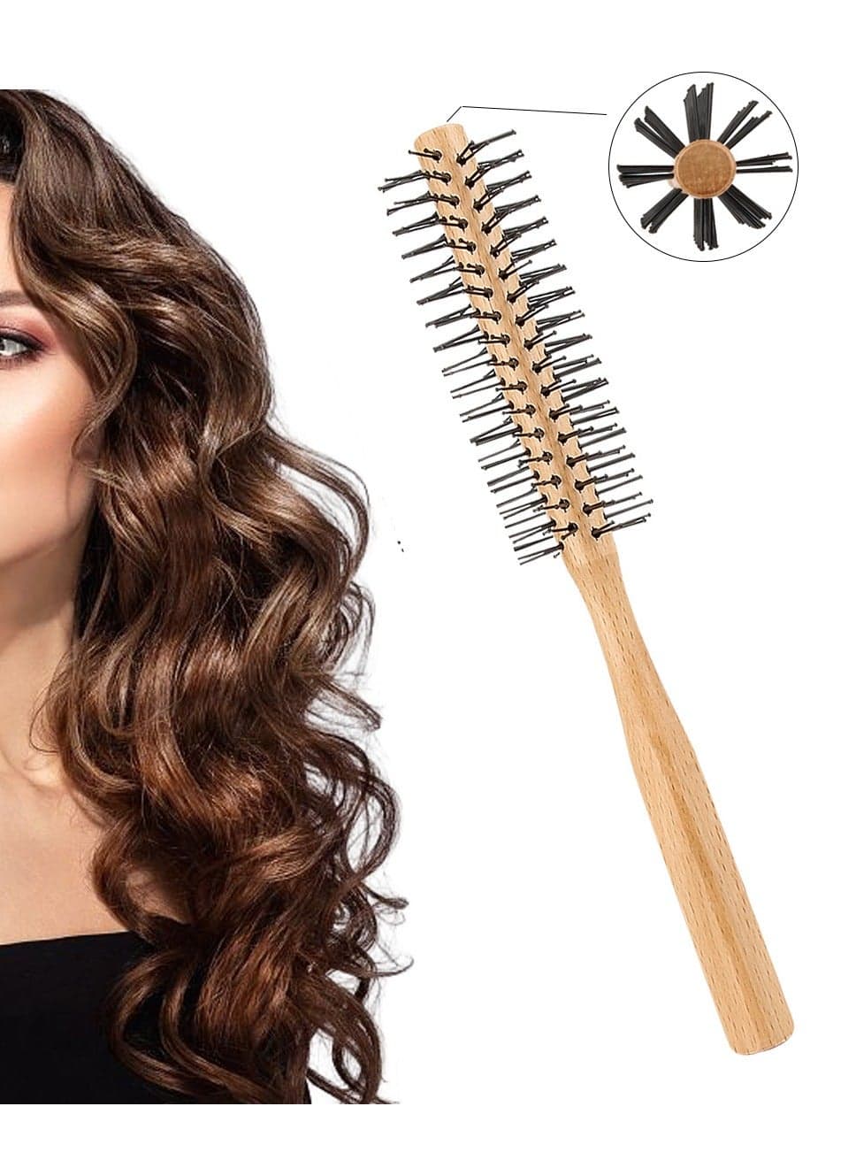 Small Round Brush for Short Hair, Mini Quiff Roller for Women and Men, Small Wood Hair Styling Brush Hair Massage Comb Head Massage Round Brush for Wet or Dry Hair