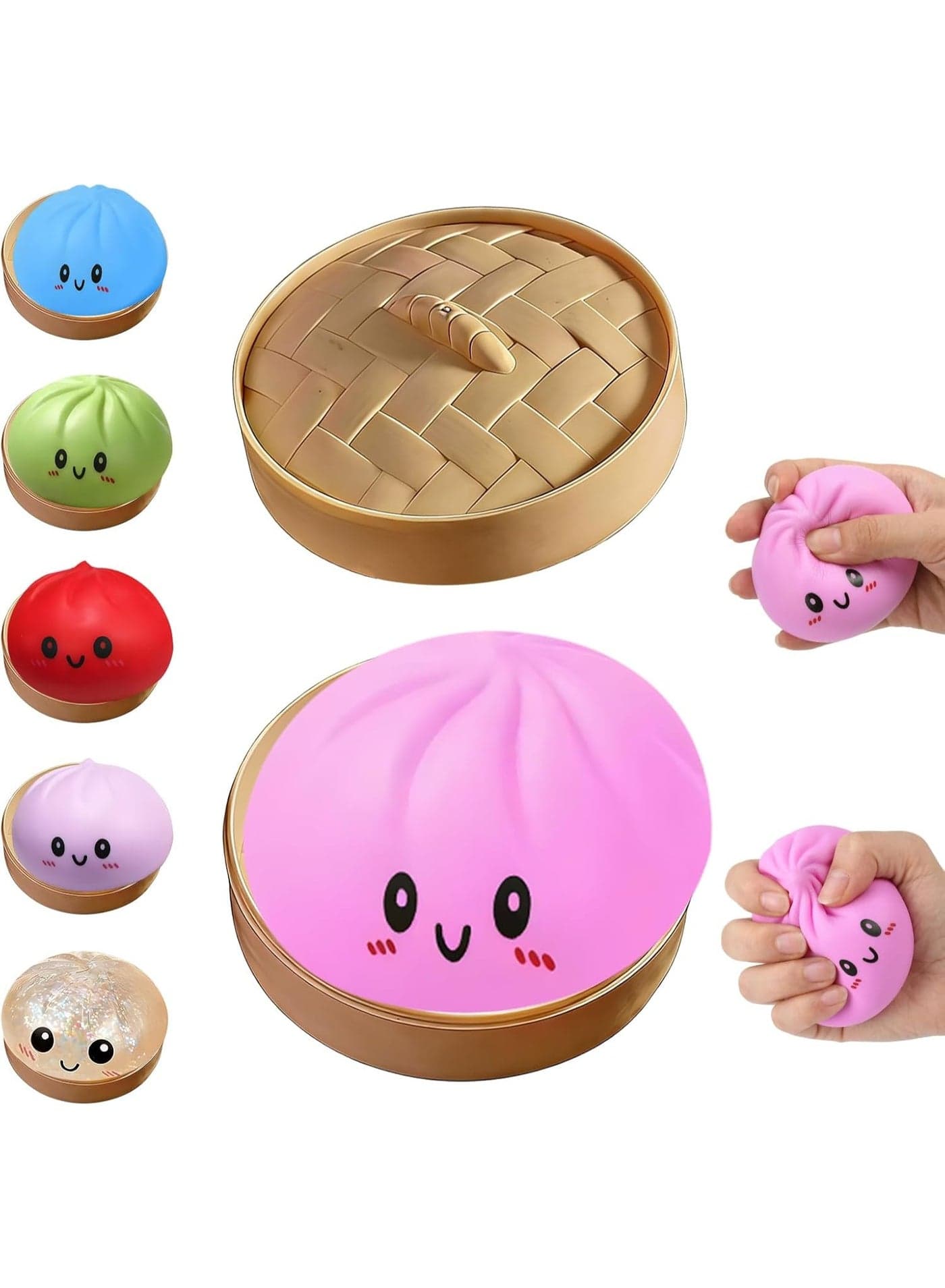 Dumpling Squishies Toy, Giant Glitter Dumpling, Colorful Steamed Bun Stress Balls Fidget Sensory Toy,Squeeze Dough Ball Stress Relief Hand Toys with Food Steamer Stretchy Desk Toys (Pink)