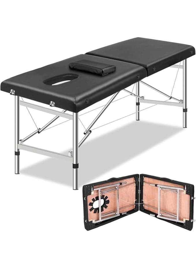 Portable Massage Table,Foldable Professional Massage Tables with Pillow,SPA Bed with Stainless Steel Frame 2 Fold for SPA Salon Tattoo Massage Therapeutic Treatment,Black