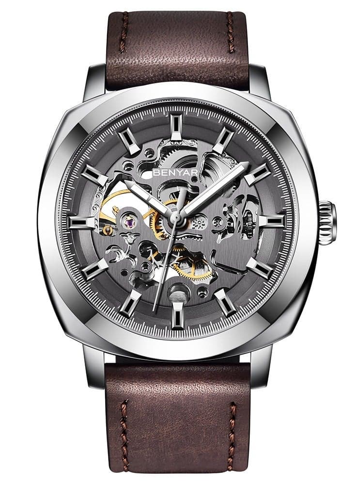 Automatic Watches for Men | Skeleton Mechanical Leather Strap Mens Watch | 45mm Dial | 30M Waterproof | Men's Stylish Gift