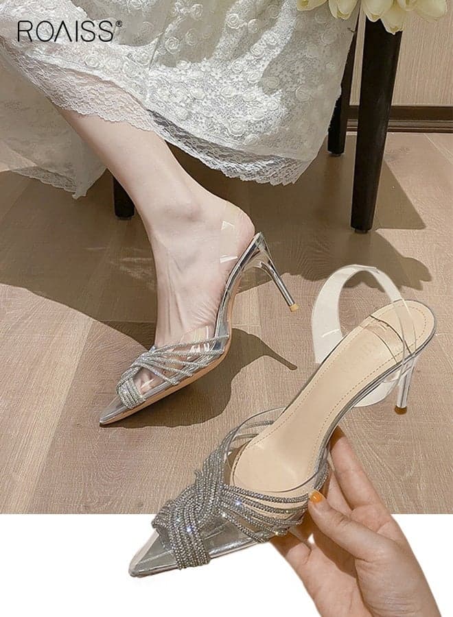 Women Rhinestone Decor Stiletto Heeled Pumps Elegant Banquet Slingback Pumps Ladies PVC Fashion Shiny Crystal High Heels Slip on Slingback Pointed Toe Wedding Sandals Summer Shoes Silver