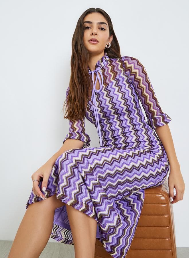 Purple Chevron Knit Midi Dress with 3/4 Sleeves